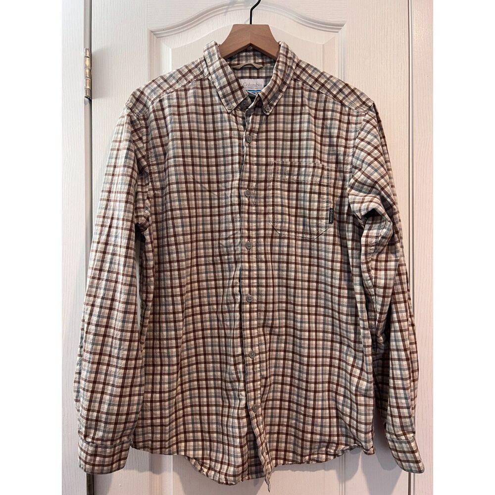 Columbia Men's Long Sleeve Button Down Shirt Blue Brown Plaid Cotton Size M
